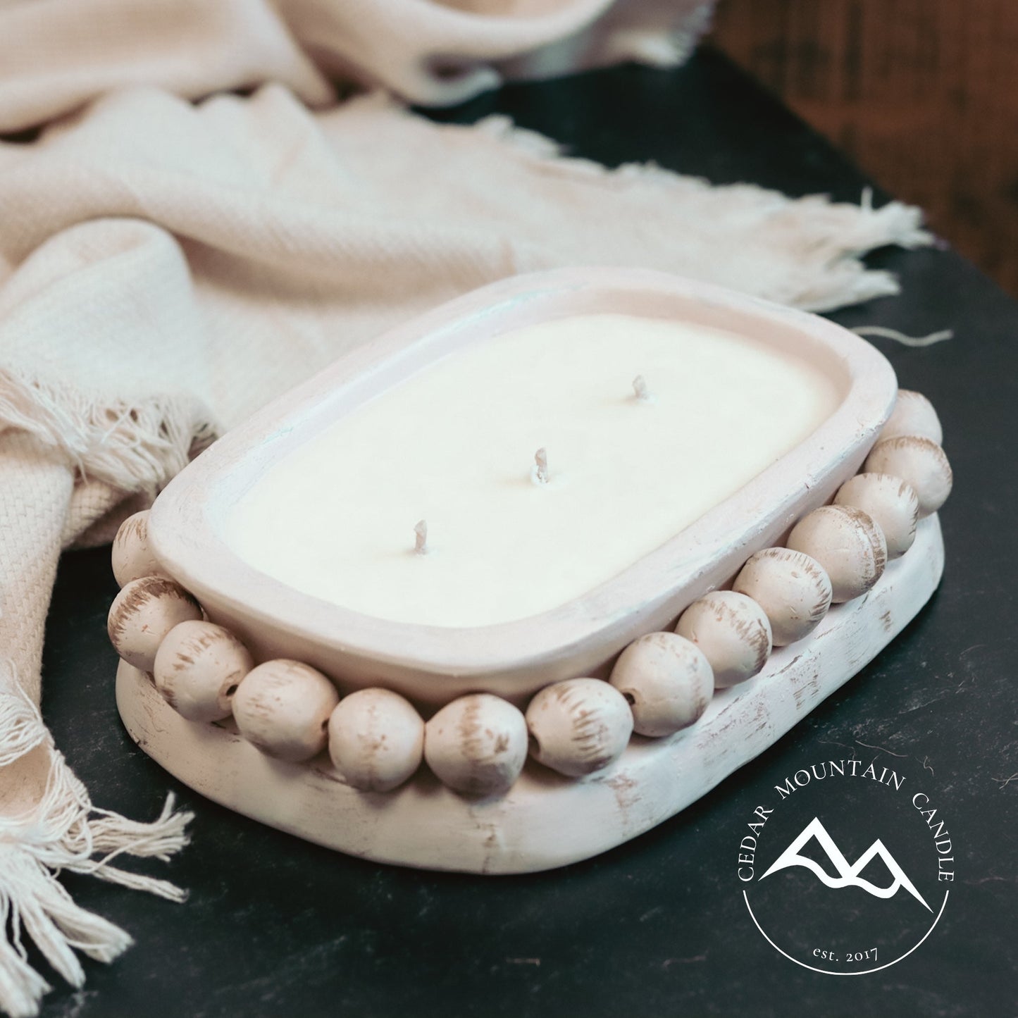 3 Wick Pottery Dough Bowl Soy Candle - With Beads - PoshaBella