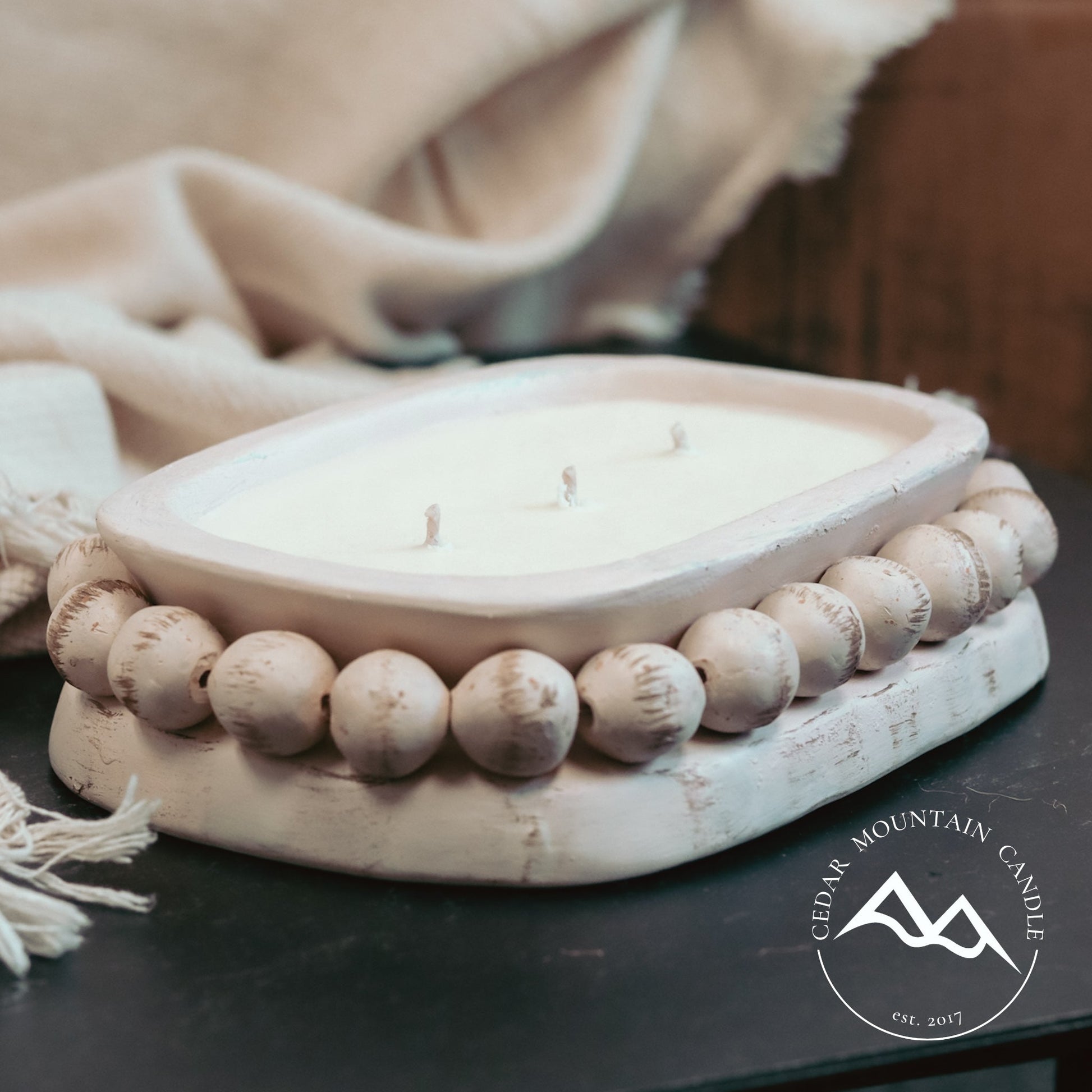 3 Wick Pottery Dough Bowl Soy Candle - With Beads - PoshaBella