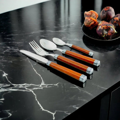 Wood Handle Flatware - 24 Piece Flatware Set for Serving Six - PoshaBella
