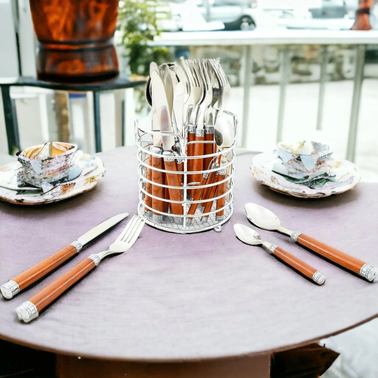 Wood Handle Flatware - 24 Piece Flatware Set for Serving Six - PoshaBella