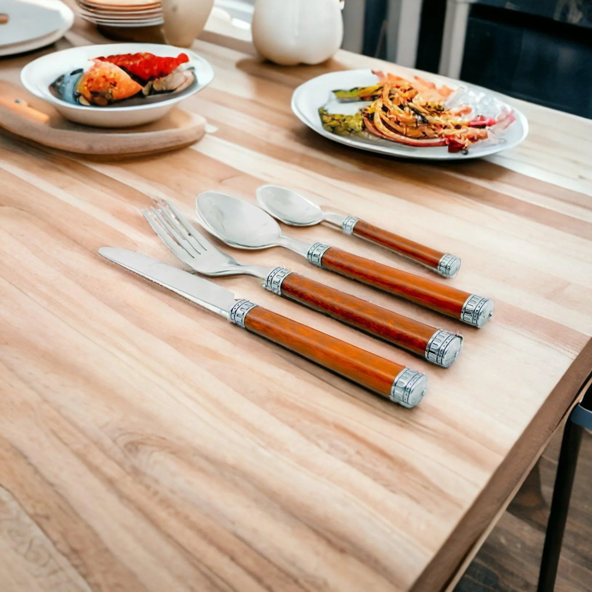 Wood Handle Flatware - 24 Piece Flatware Set for Serving Six - PoshaBella