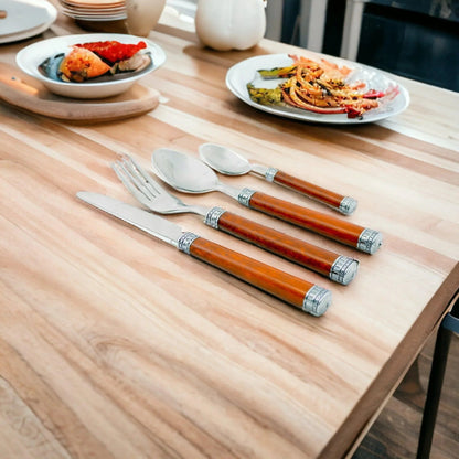 Wood Handle Flatware - 24 Piece Flatware Set for Serving Six - PoshaBella