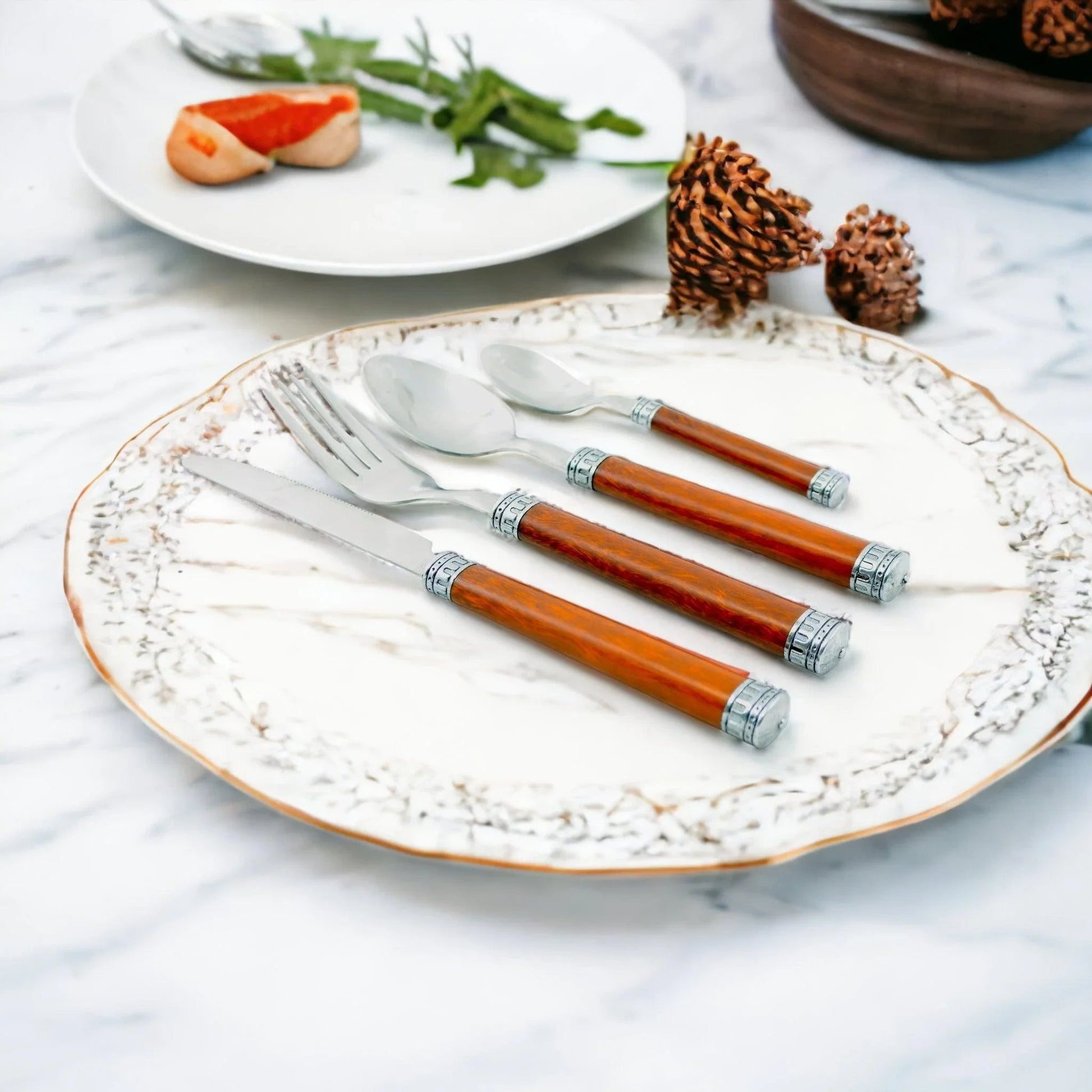 Wood Handle Flatware - 24 Piece Flatware Set for Serving Six - PoshaBella
