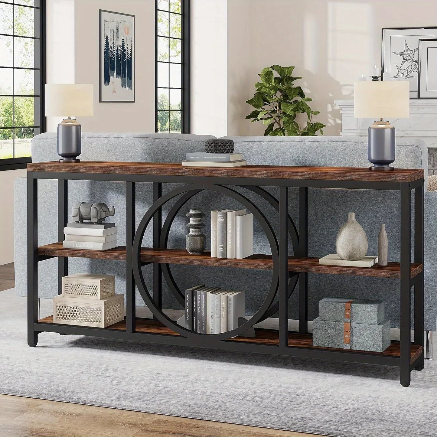 Wood Sofa Console Table with 3 Tier Storage, 70.9 inch, Black