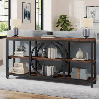 Wood Sofa Console Table with 3 Tier Storage, 70.9 inch, Black