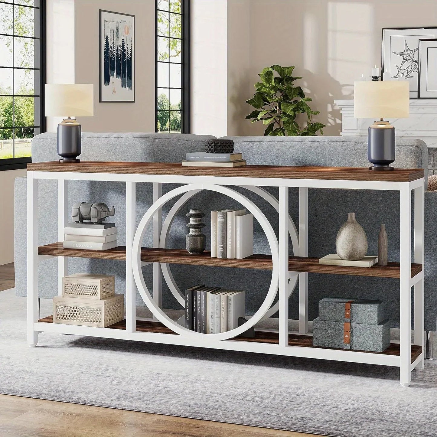 Wood Sofa Console Table with 3 Tier Storage, 70.9 inch, Black