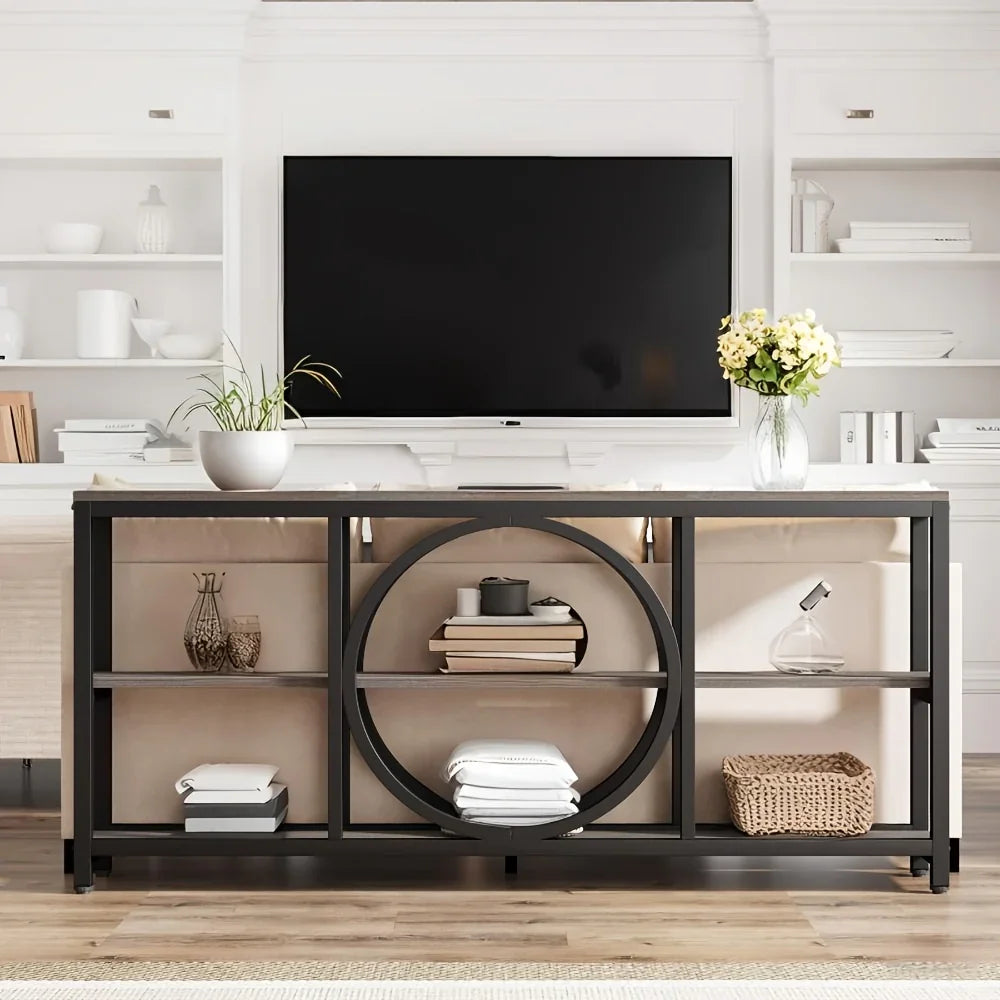Wood Sofa Console Table with 3 Tier Storage, 70.9 inch, Black