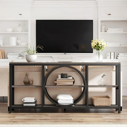 Wood Sofa Console Table with 3 Tier Storage, 70.9 inch, Black