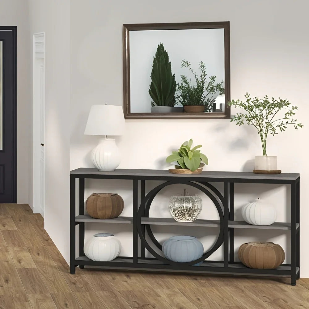 Wood Sofa Console Table with 3 Tier Storage, 70.9 inch, Black