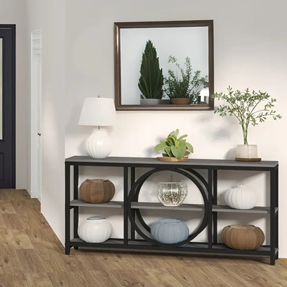 Wood Sofa Console Table with 3 Tier Storage, 70.9 inch, Black