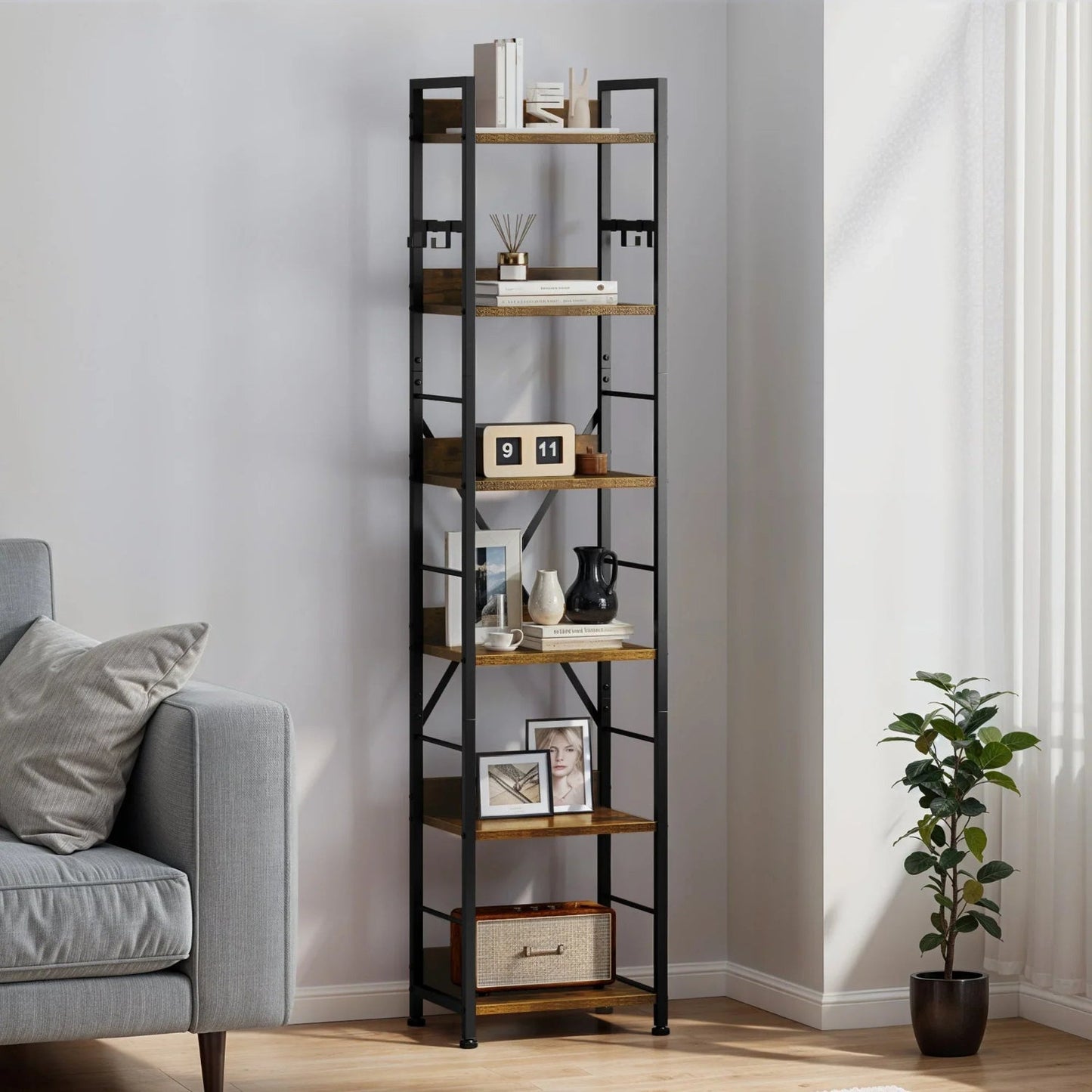 Wooden 6-Tier Brown Bookshelf with Storage Hooks