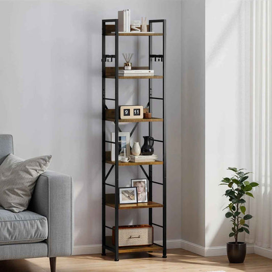 Wooden 6-Tier Brown Bookshelf with Storage Hooks