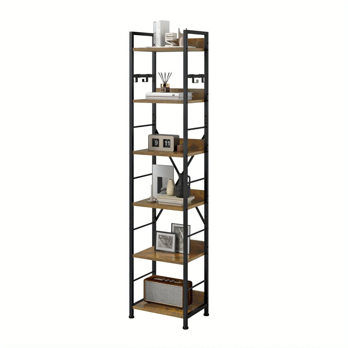 Wooden 6-Tier Brown Bookshelf with Storage Hooks