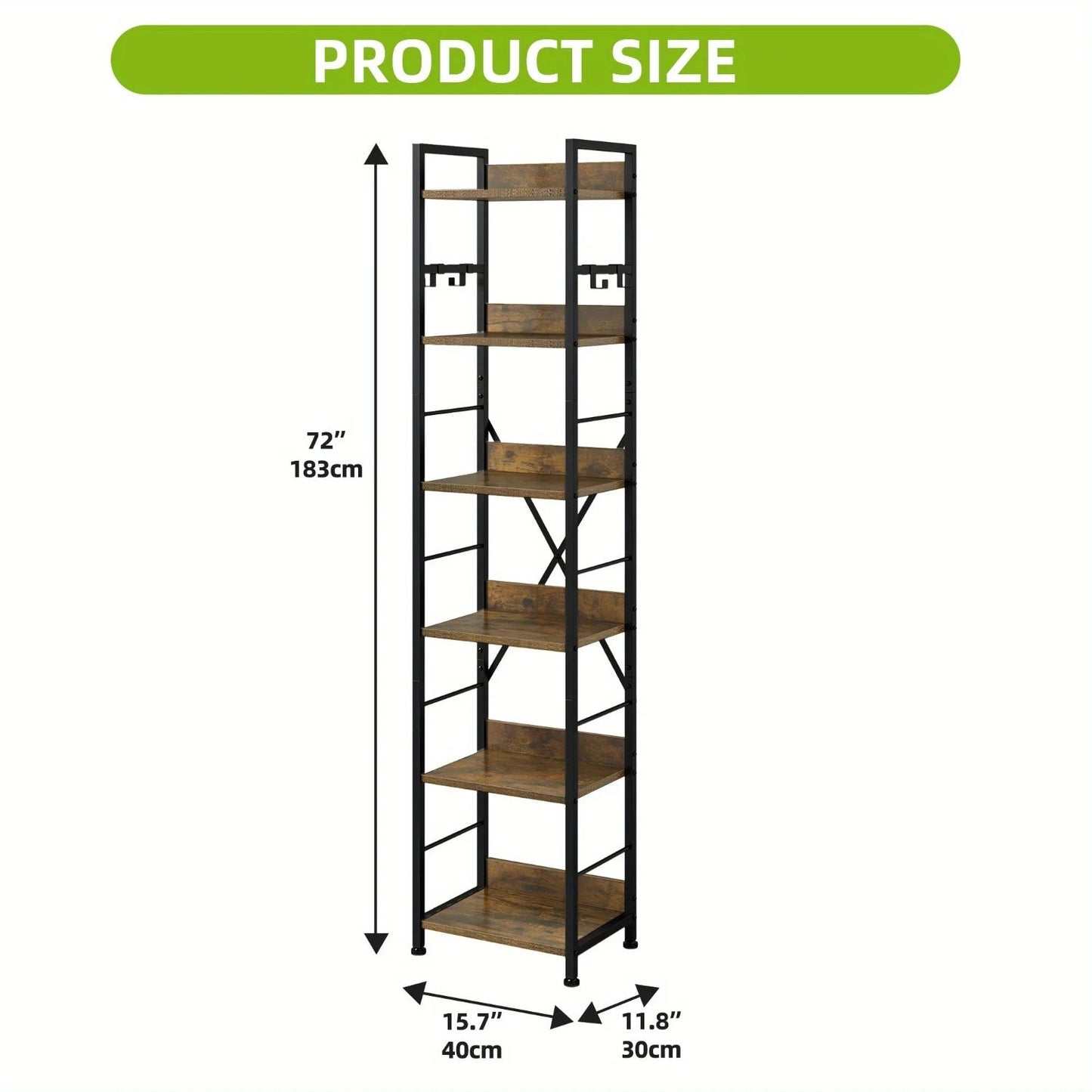 Wooden 6-Tier Brown Bookshelf with Storage Hooks