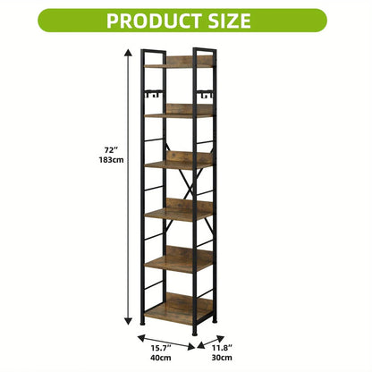 Wooden 6-Tier Brown Bookshelf with Storage Hooks