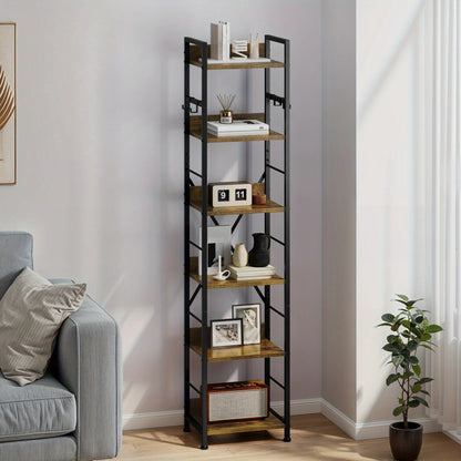 Wooden 6-Tier Brown Bookshelf with Storage Hooks
