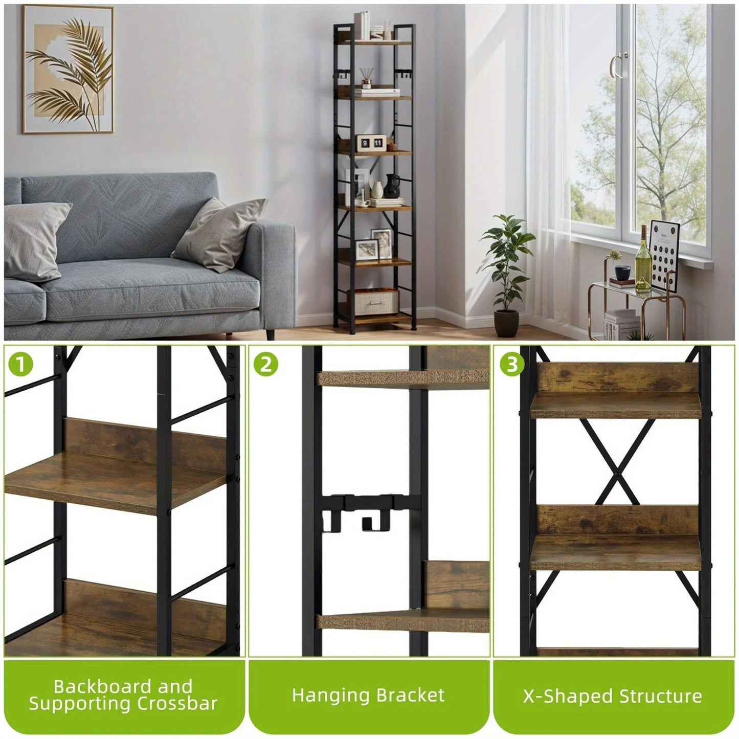 Wooden 6-Tier Brown Bookshelf with Storage Hooks