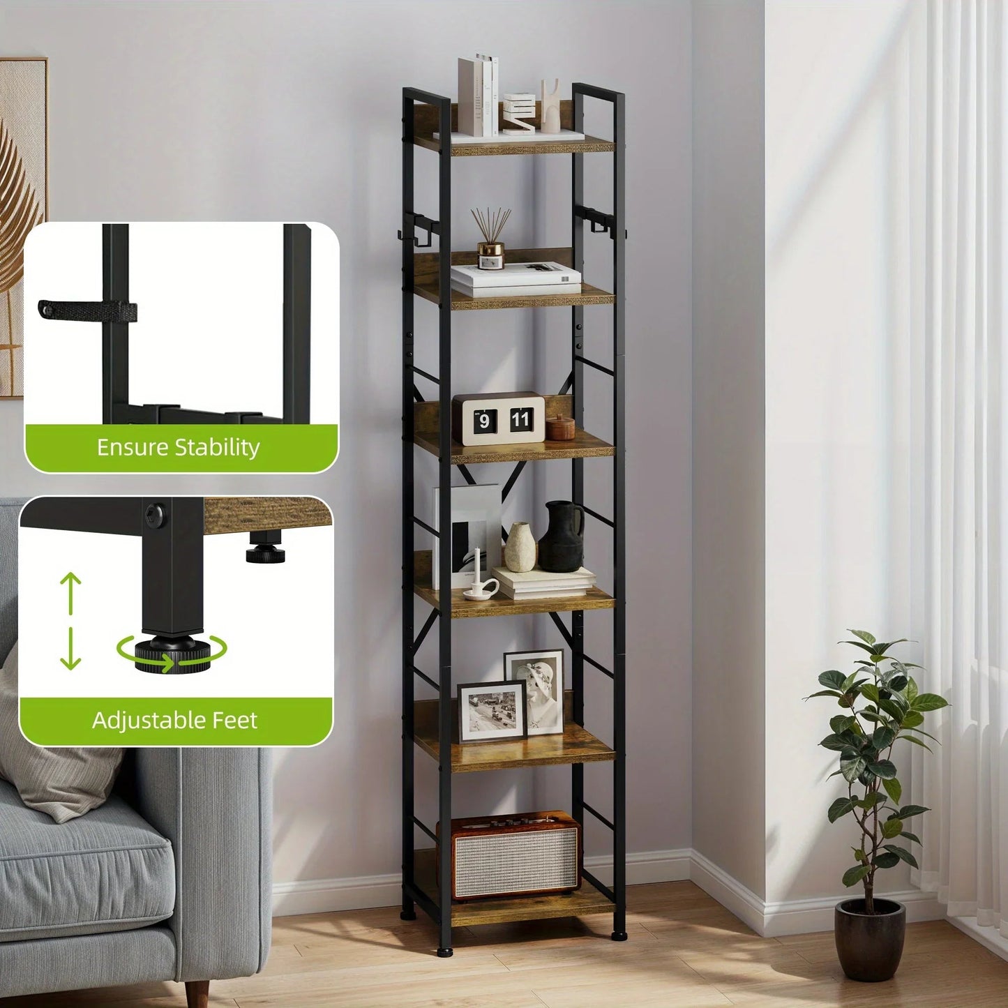 Wooden 6-Tier Brown Bookshelf with Storage Hooks