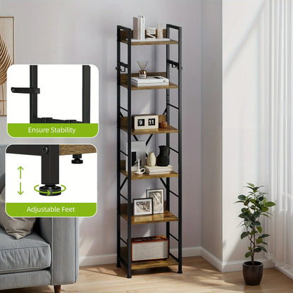 Wooden 6-Tier Brown Bookshelf with Storage Hooks