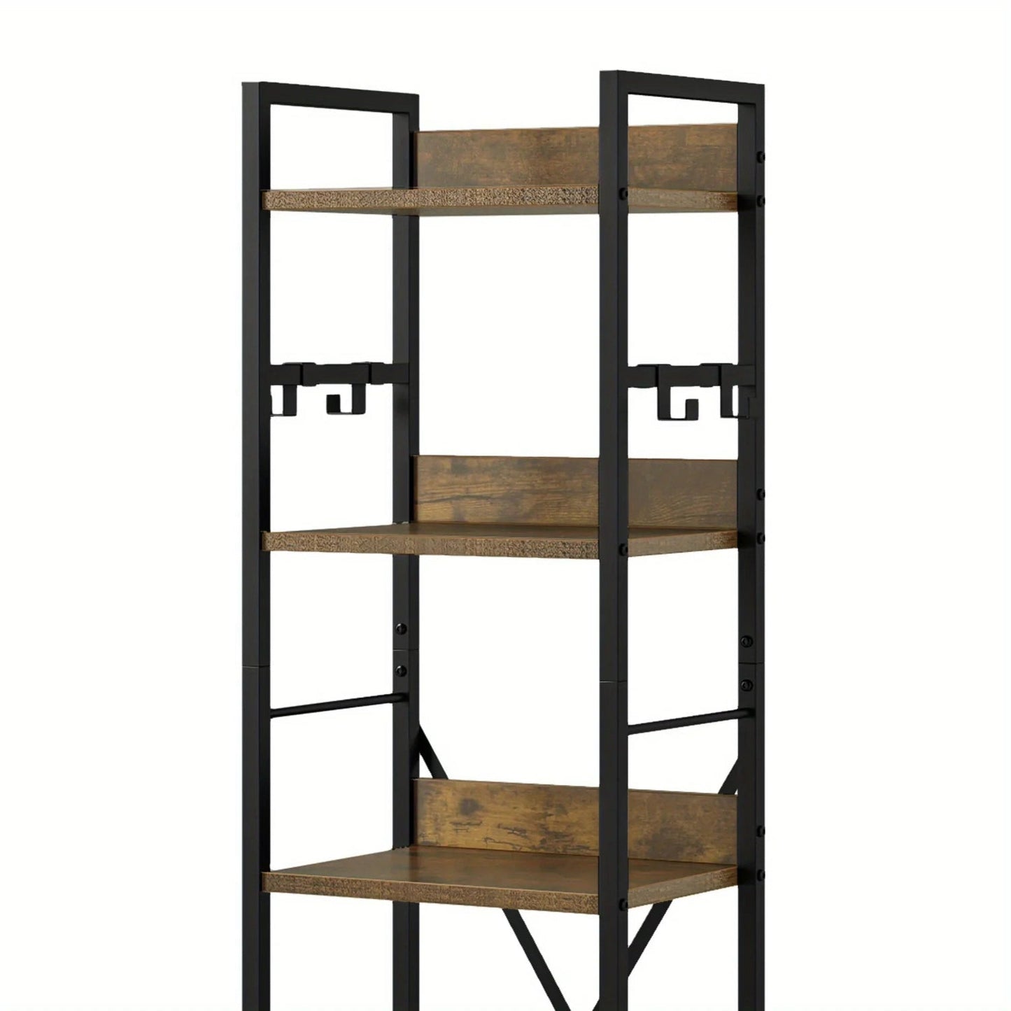 Wooden 6-Tier Brown Bookshelf with Storage Hooks