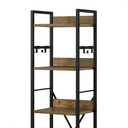 Wooden 6-Tier Brown Bookshelf with Storage Hooks