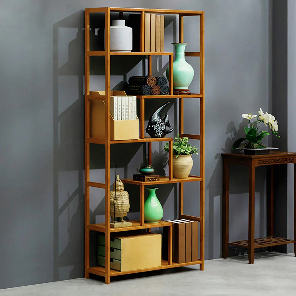Wooden 7-Tier S-Shaped Bookcase with Storage