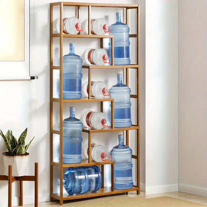 Wooden 7-Tier S-Shaped Bookcase with Storage