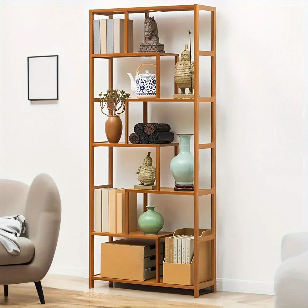 Wooden 7-Tier S-Shaped Bookcase with Storage