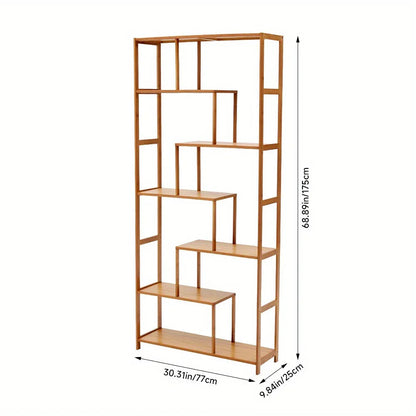 Wooden 7-Tier S-Shaped Bookcase with Storage