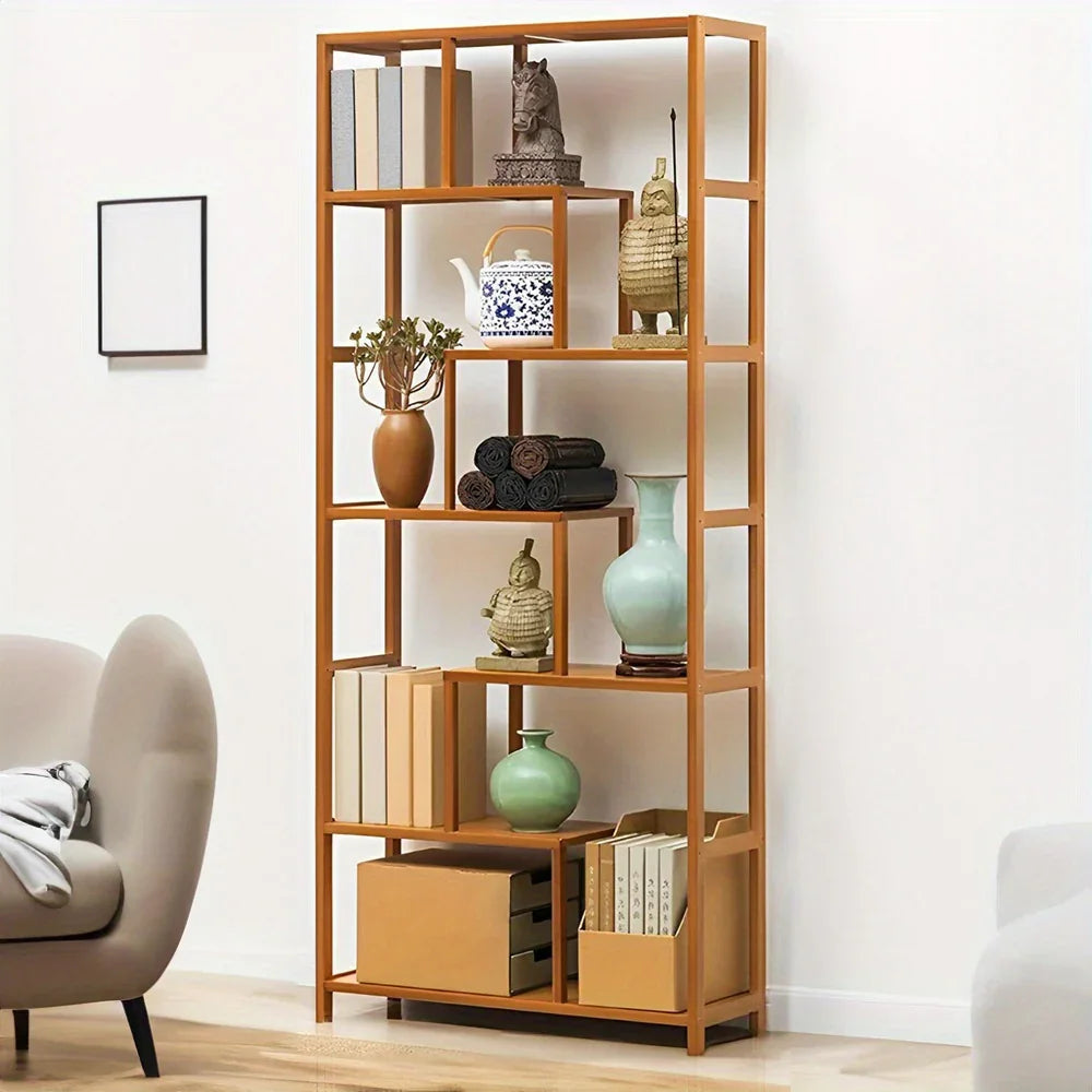 Wooden 7-Tier S-Shaped Bookcase with Storage