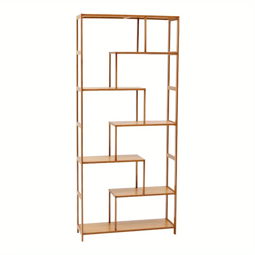 Wooden 7-Tier S-Shaped Bookcase with Storage