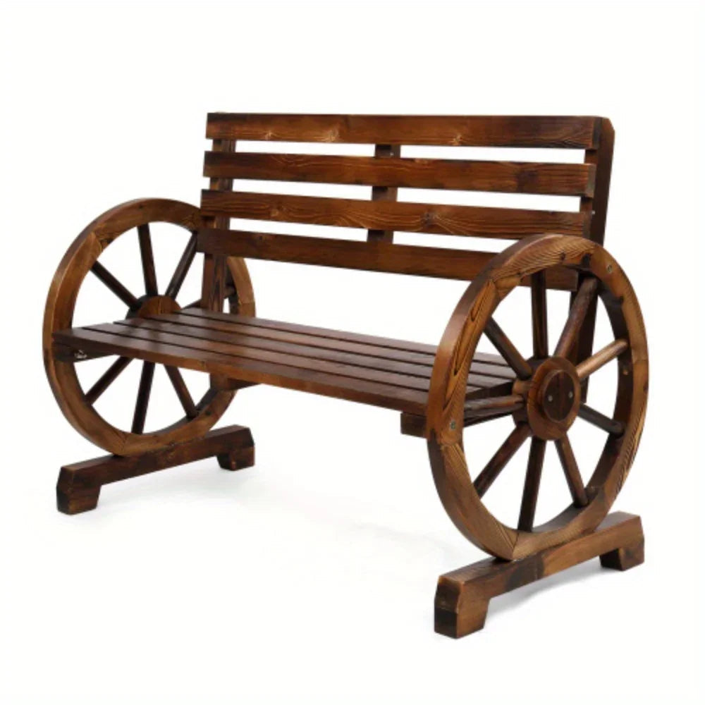 Wooden Outdoor Wheel - Shaped Bench, Wagon Slatted Seat, Weather Resistance, For 3 - Person, For Porch, Yard, Lawn And Garden, Rustic