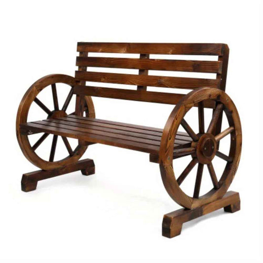 Wooden Outdoor Wheel - Shaped Bench, Wagon Slatted Seat, Weather Resistance, For 3 - Person, For Porch, Yard, Lawn And Garden, Rustic