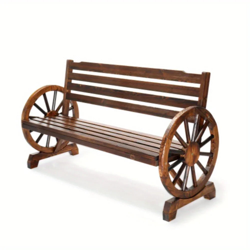 Wooden Outdoor Wheel - Shaped Bench, Wagon Slatted Seat, Weather Resistance, For 3 - Person, For Porch, Yard, Lawn And Garden, Rustic