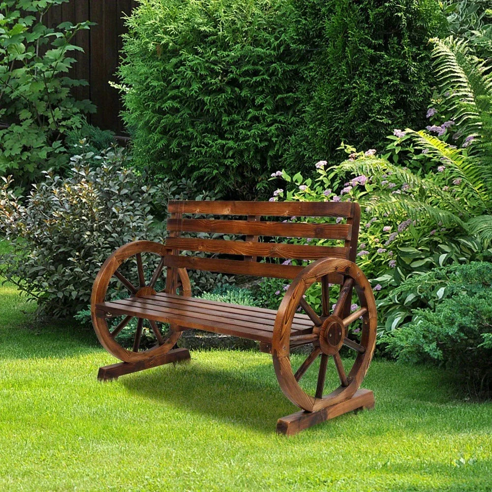 Wooden Outdoor Wheel - Shaped Bench, Wagon Slatted Seat, Weather Resistance, For 3 - Person, For Porch, Yard, Lawn And Garden, Rustic