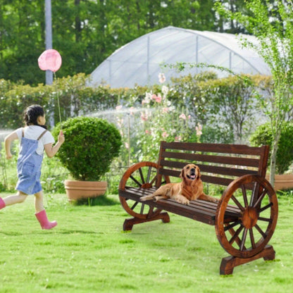 Wooden Outdoor Wheel - Shaped Bench, Wagon Slatted Seat, Weather Resistance, For 3 - Person, For Porch, Yard, Lawn And Garden, Rustic