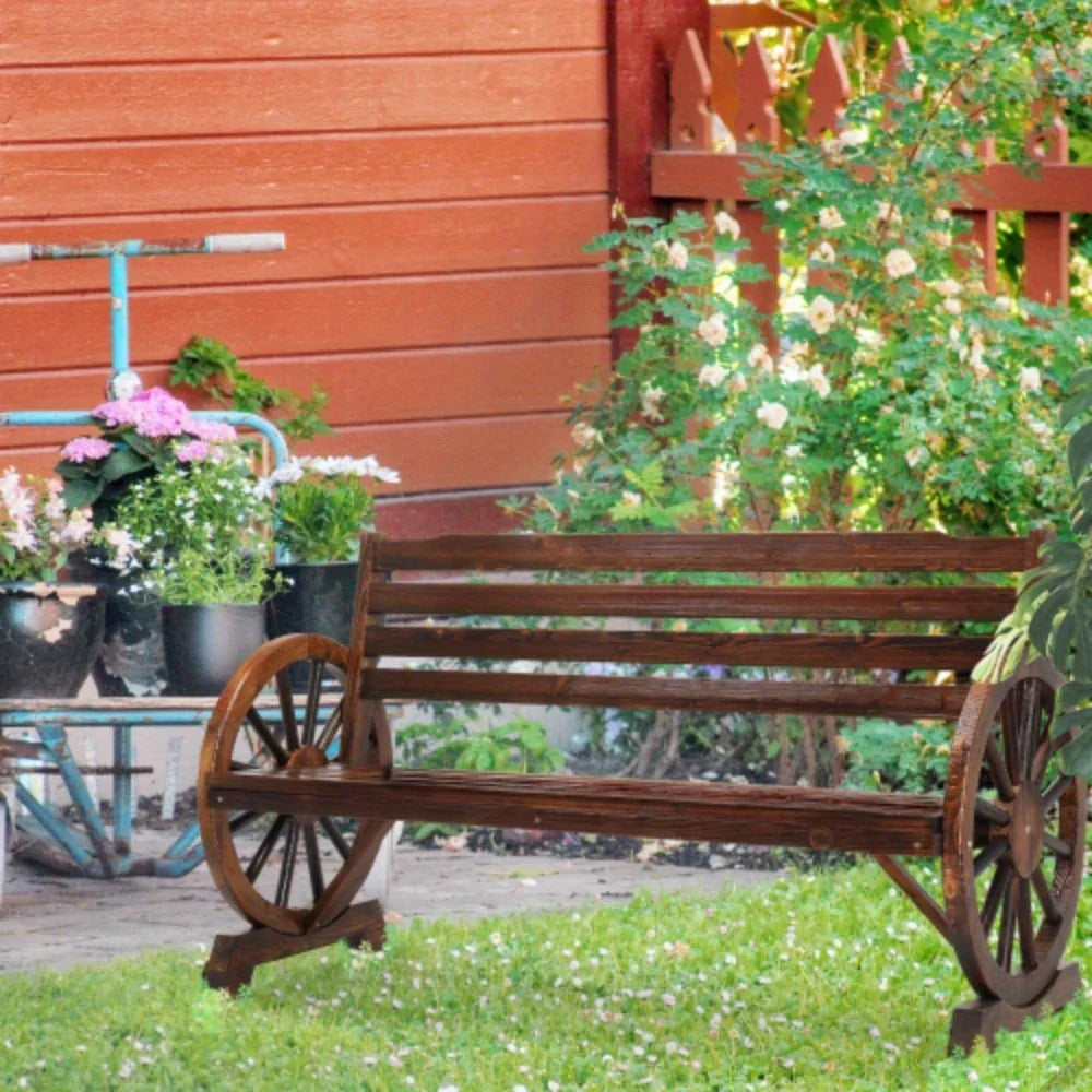 Wooden Outdoor Wheel - Shaped Bench, Wagon Slatted Seat, Weather Resistance, For 3 - Person, For Porch, Yard, Lawn And Garden, Rustic