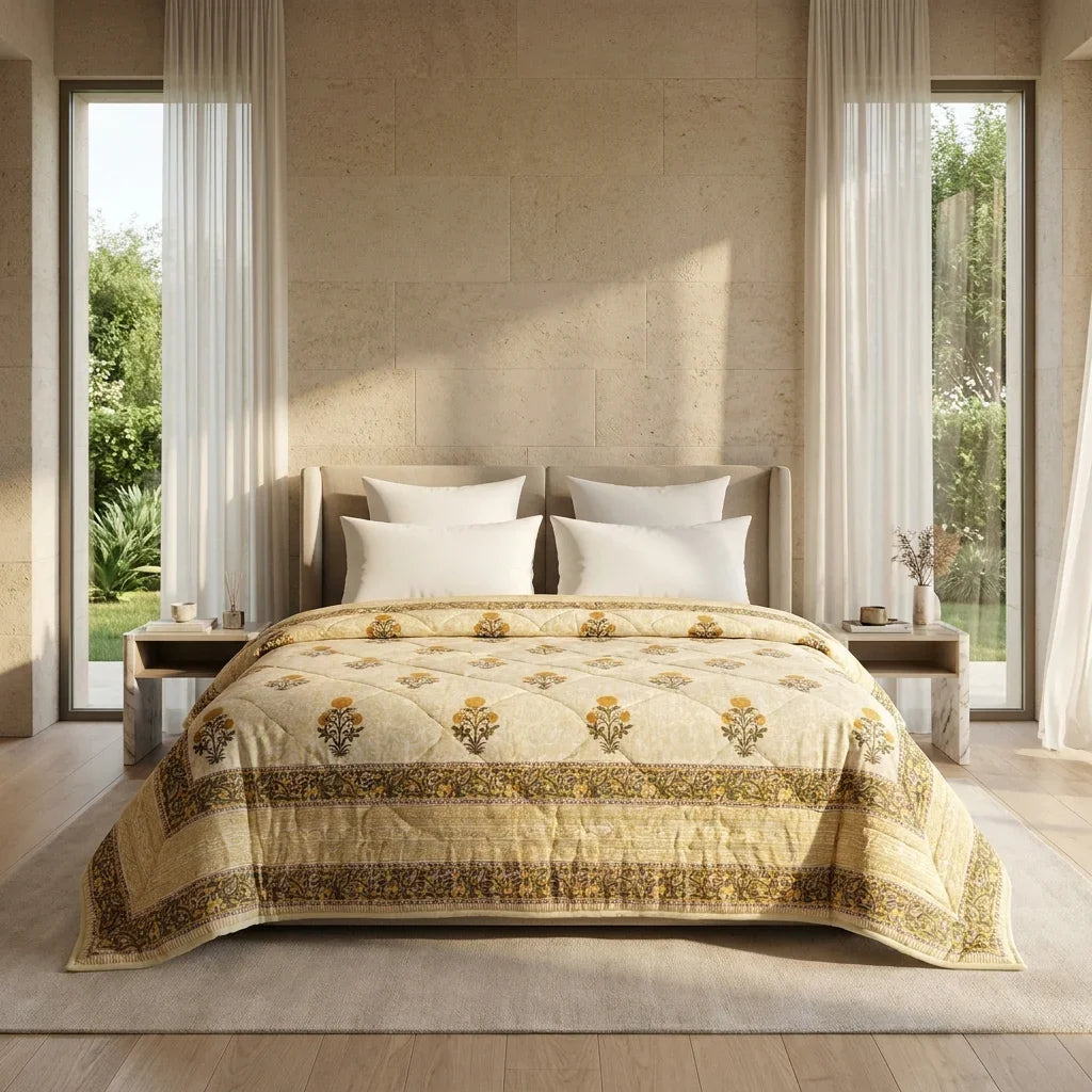 Light Grey & Charcoal Floral Jaipur Indian Hand Block Print Quilted Comforter