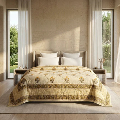 Light Grey & Charcoal Floral Jaipur Indian Hand Block Print Quilted Comforter