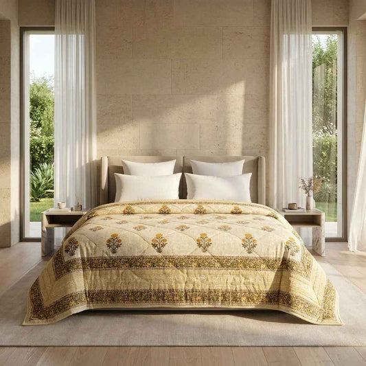 Light Grey & Charcoal Floral Jaipur Indian Hand Block Print Quilted Comforter