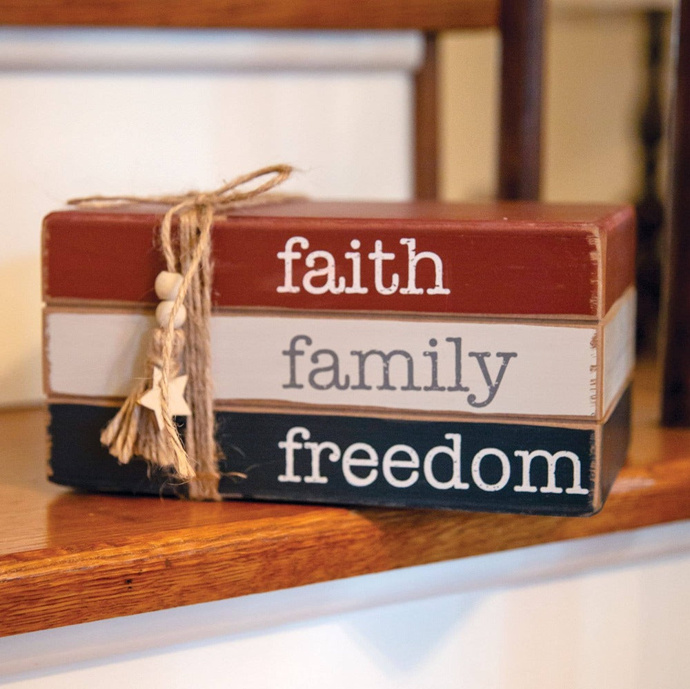 Faith Family Freedom Wooden Book Stack - PoshaBella