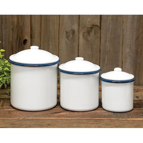 Blue Rim Enamel Canisterss - Set of Three - PoshaBella