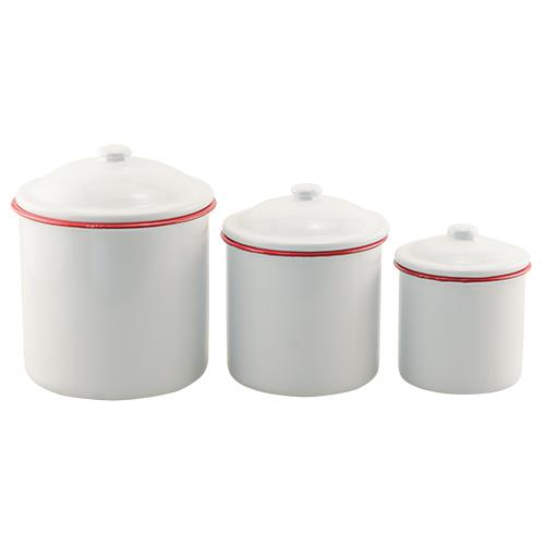 Red Rim Enamel Canisterss - Set of Three - PoshaBella